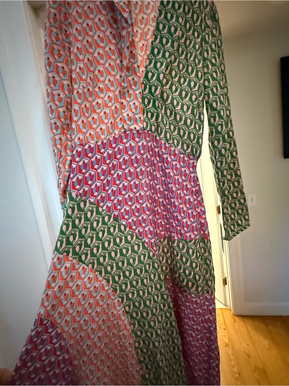 Patchwork Geometric Long-Sleeve Maxi Dress in Green, Pink, Orange